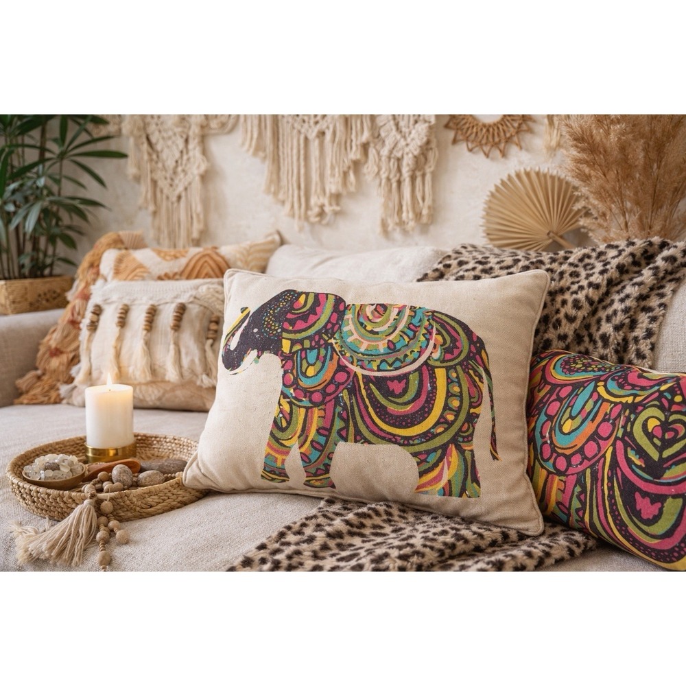 THRO by Marlo Lorenz Elephant Decorative Throw Pillow Boho Colorful 17x13 2 Side